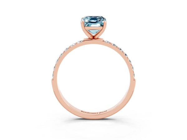 Rose gold Emerald Cut Aquamarine Solitaire Ring with Round Pavé Shoulders and Prong Setting