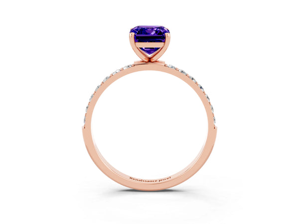 Rose gold Emerald Cut Tanzanite Solitaire Ring with Round Pavé Shoulders and Prong Setting