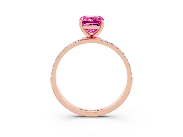 Rose gold Emerald Cut Pink Sapphire Solitaire Ring with Round Pavé Shoulders and Prong Setting