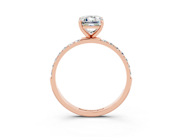 Rose gold Emerald Cut Moissanite Solitaire Ring with Round Pavé Shoulders and Prong Setting