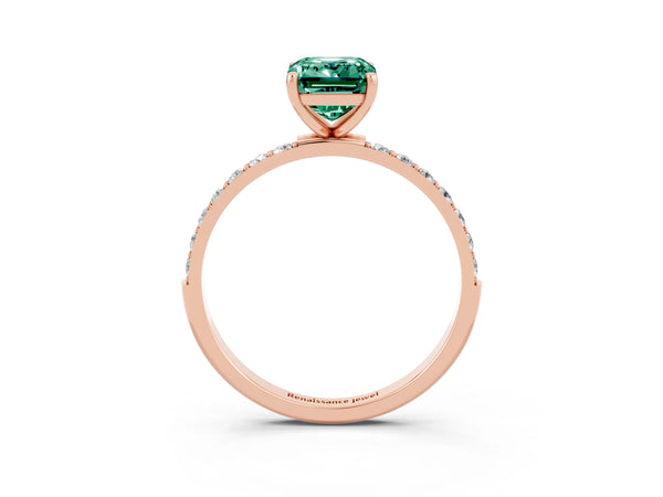 Rose gold Emerald Cut Green Sapphire Solitaire Ring with Round Pavé Shoulders and Prong Setting