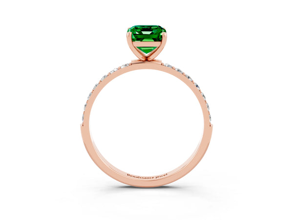 Rose gold Emerald Cut Emerald Solitaire Ring with Round Pavé Shoulders and Prong Setting