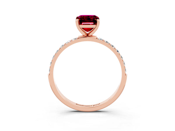 Rose gold Emerald Cut Garnet Solitaire Ring with Round Pavé Shoulders and Prong Setting