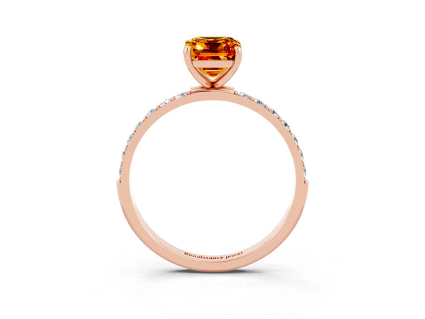 Rose gold Emerald Cut Citrine Solitaire Ring with Round Pavé Shoulders and Prong Setting
