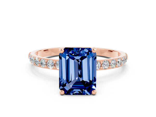 Rose gold Emerald Cut Blue Sapphire Solitaire Ring with Round Pavé Shoulders and Prong Setting