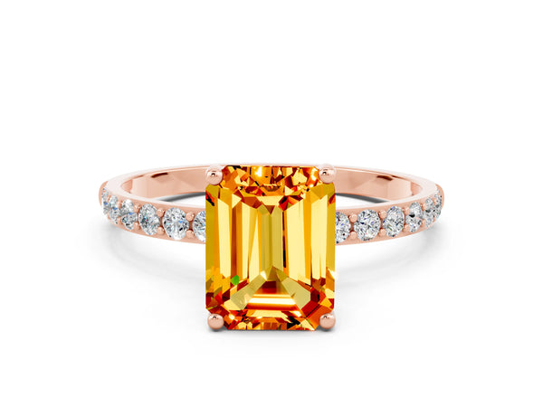 Rose gold Emerald Cut Citrine Solitaire Ring with Round Pavé Shoulders and Prong Setting