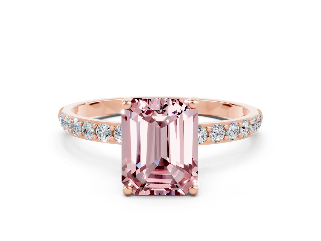 Rose gold Emerald Cut Diamond Pavé Band with Six-Prong Setting