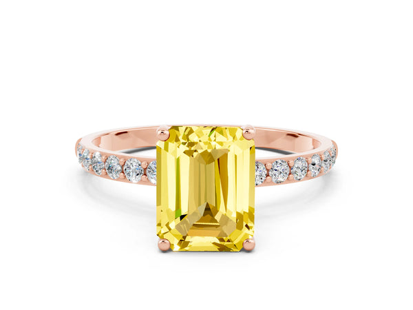 Rose gold Emerald Cut Yellow Sapphire Solitaire Ring with Round Pavé Shoulders and Prong Setting