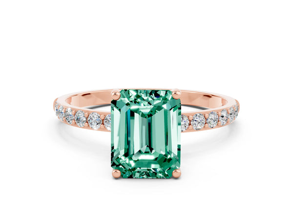 Rose gold Emerald Cut Green Sapphire Solitaire Ring with Round Pavé Shoulders and Prong Setting