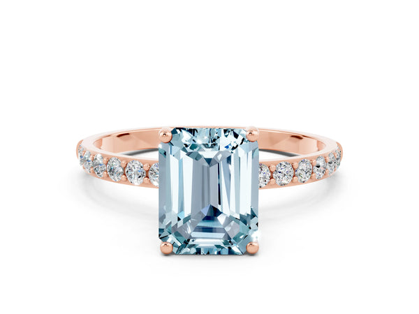 Rose gold Emerald Cut Aquamarine Solitaire Ring with Round Pavé Shoulders and Prong Setting