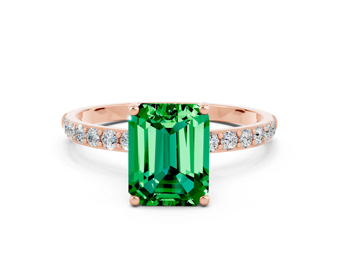 Rose gold Emerald Cut Diamond Pavé Band with Six-Prong Setting