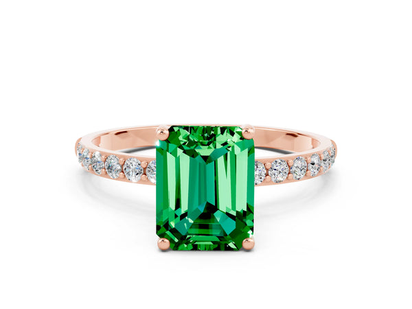 Rose gold Emerald Cut Emerald Solitaire Ring with Round Pavé Shoulders and Prong Setting