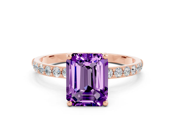 Rose gold Emerald Cut Amethyst Solitaire Ring with Round Pavé Shoulders and Prong Setting