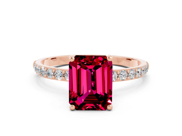 Rose gold Emerald Cut Garnet Solitaire Ring with Round Pavé Shoulders and Prong Setting