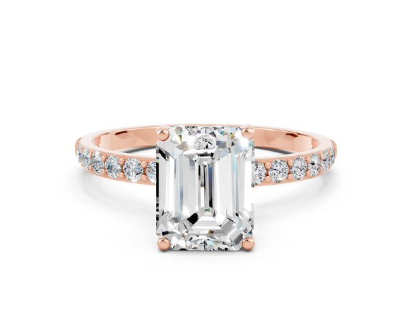 Rose gold Emerald Cut Moissanite Solitaire Ring with Round Pavé Shoulders and Prong Setting
