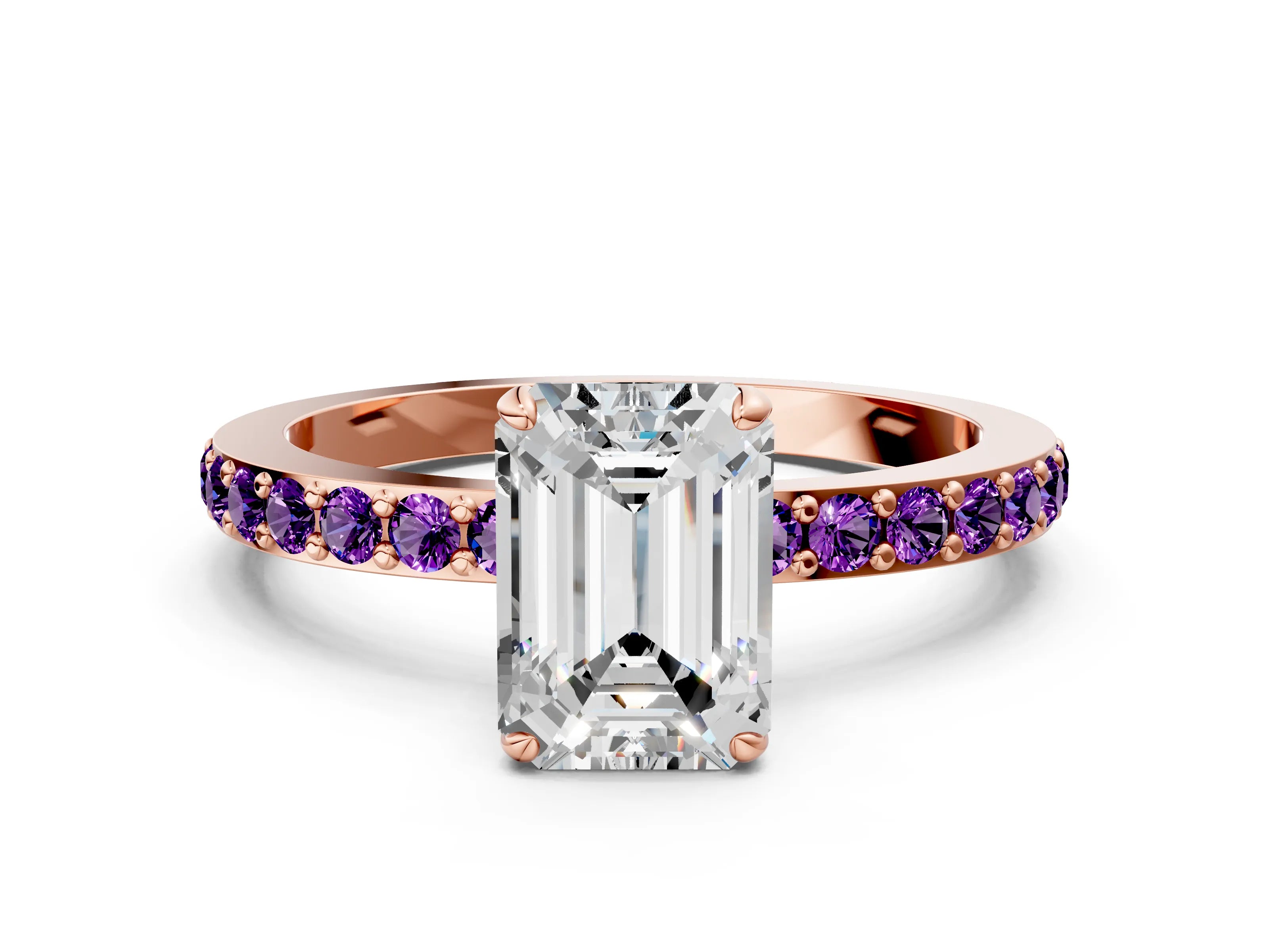 Rose gold Emerald Cut Diamond Pavé Engagement Ring with Round with Amethyst side stone Accents and Prong Setting