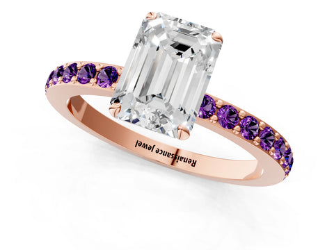 Rose gold Emerald Cut Diamond Pavé Engagement Ring with Round with Amethyst side stone Accents and Prong Setting_1