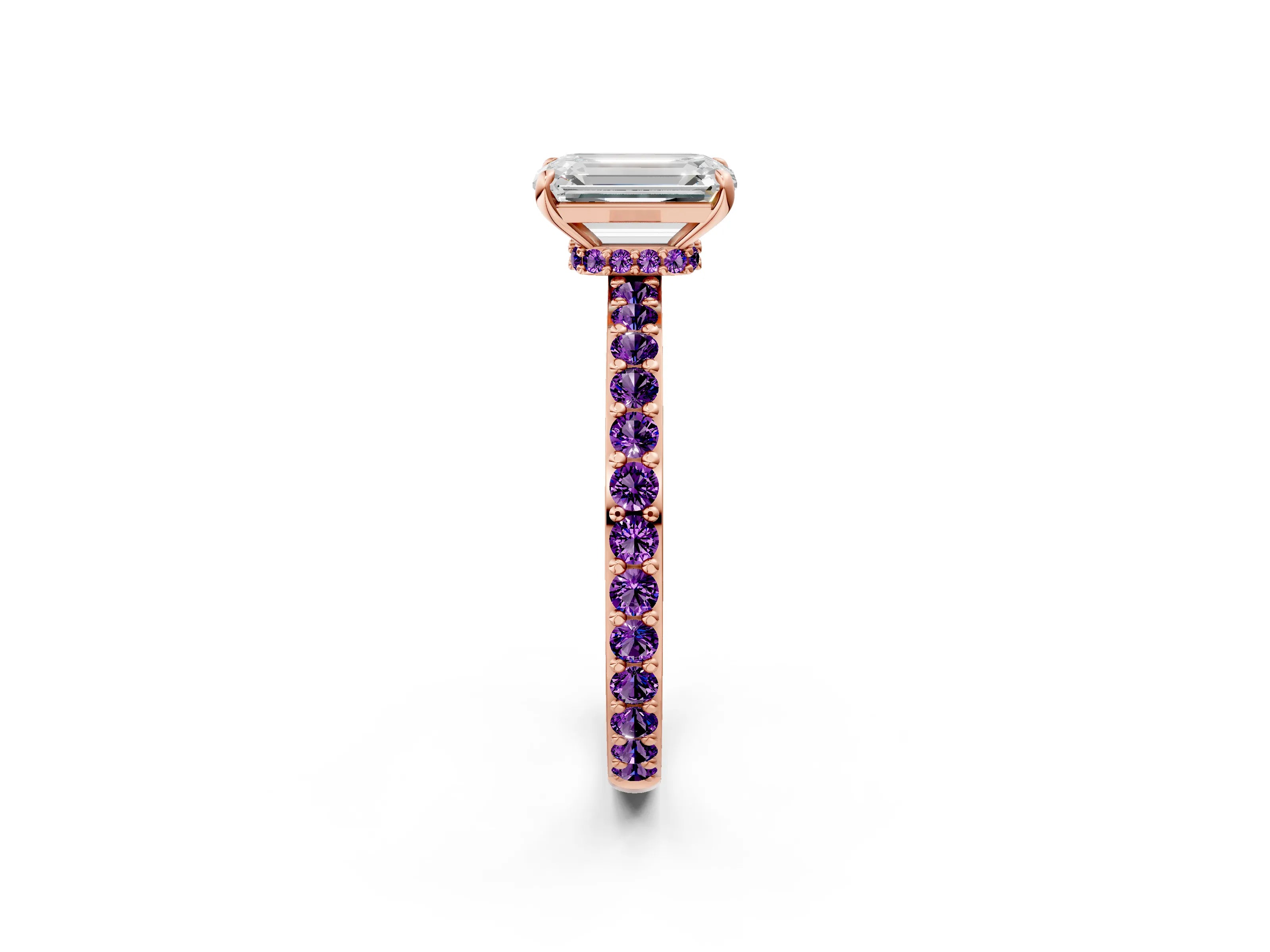 Rose gold Emerald Cut Diamond Pavé Engagement Ring with Round with Amethyst side stone Accents and Prong Setting_2