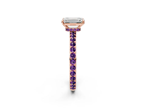 Rose gold Emerald Cut Diamond Pavé Engagement Ring with Round with Amethyst side stone Accents and Prong Setting_2