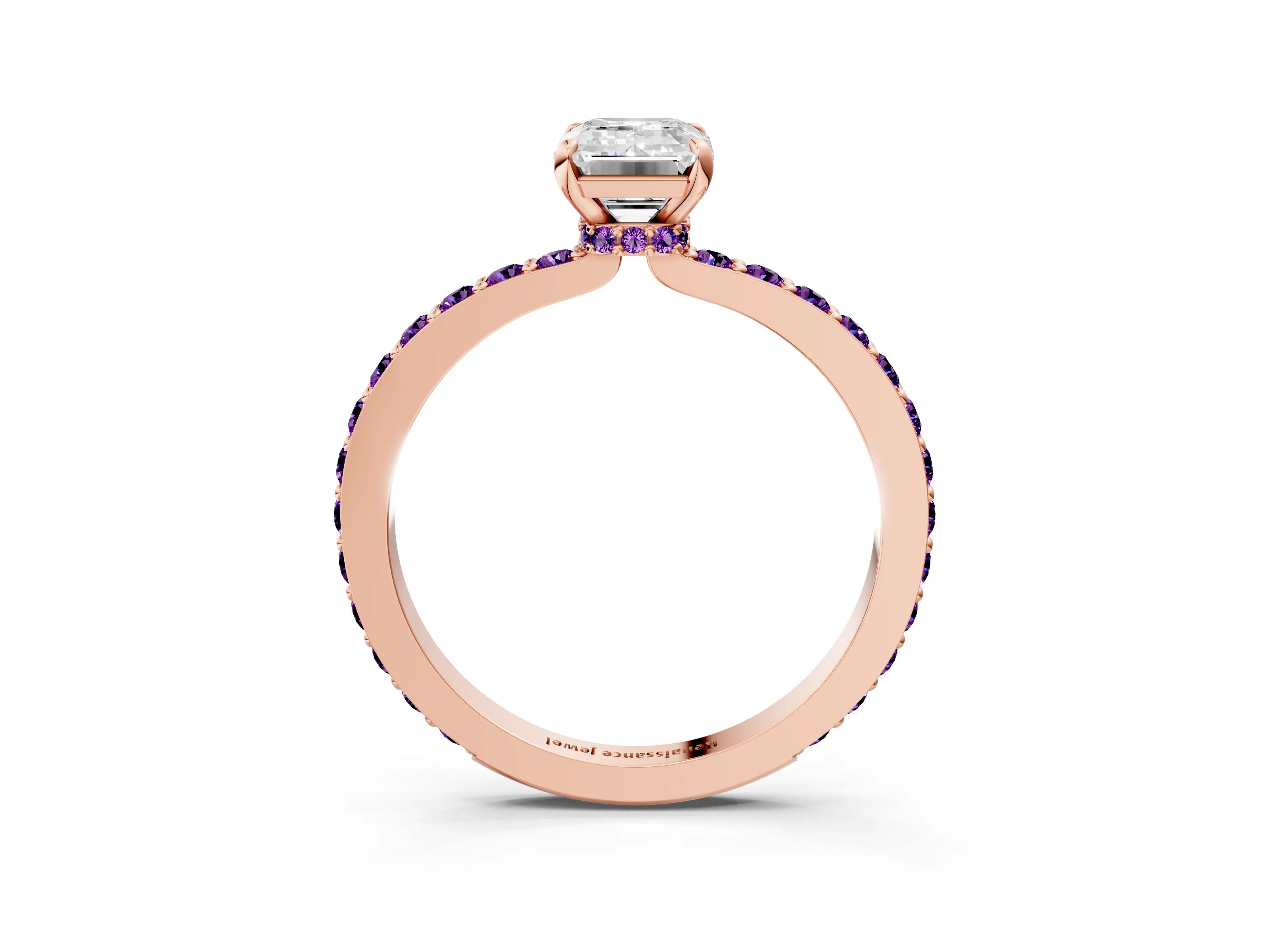 Rose gold Emerald Cut Diamond Pavé Engagement Ring with Round with Amethyst side stone Accents and Prong Setting_3