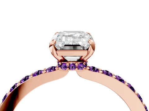 Rose gold Emerald Cut Diamond Pavé Engagement Ring with Round with Amethyst side stone Accents and Prong Setting_4