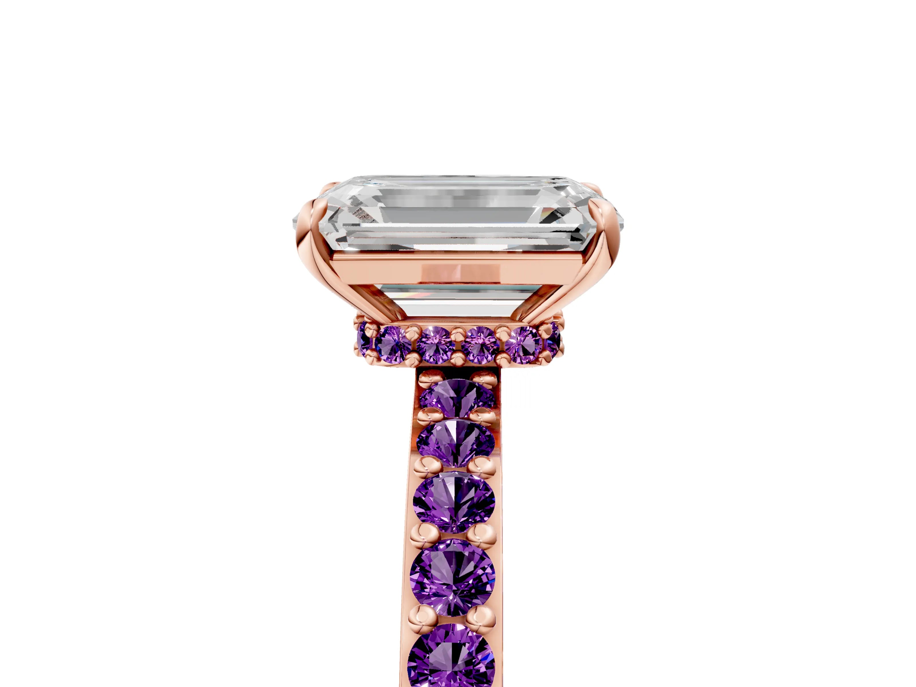 Rose gold Emerald Cut Diamond Pavé Engagement Ring with Round with Amethyst side stone Accents and Prong Setting_5