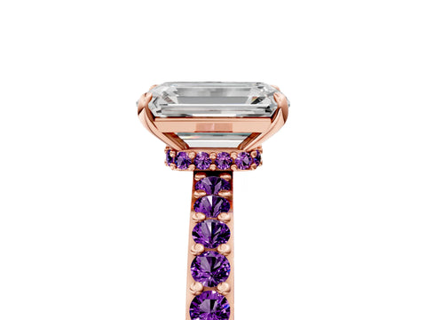 Rose gold Emerald Cut Diamond Pavé Engagement Ring with Round with Amethyst side stone Accents and Prong Setting_5