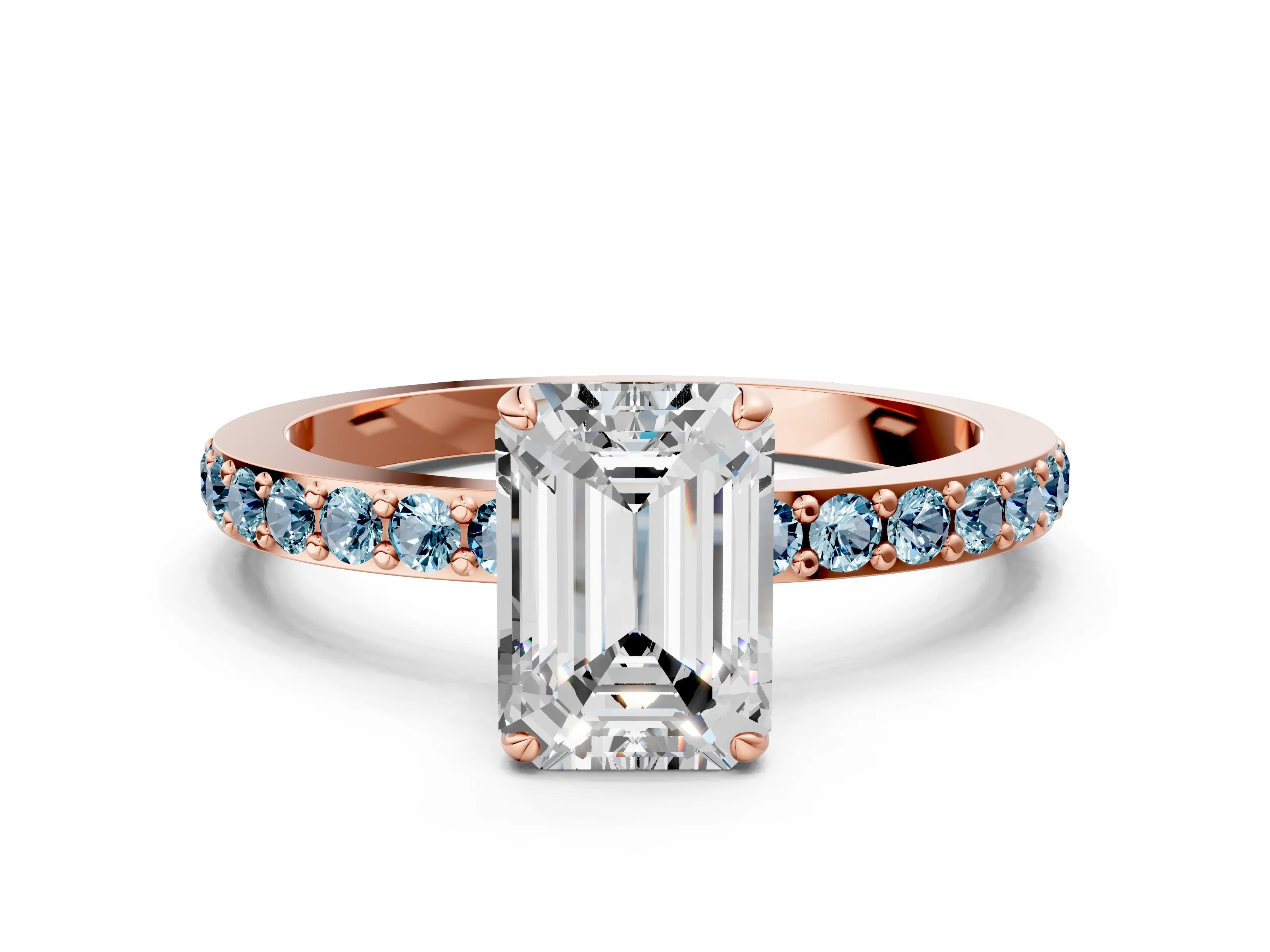 Rose gold Emerald Cut Diamond Pavé Engagement Ring with Round with Aquamarine side stone Accents and Prong Setting