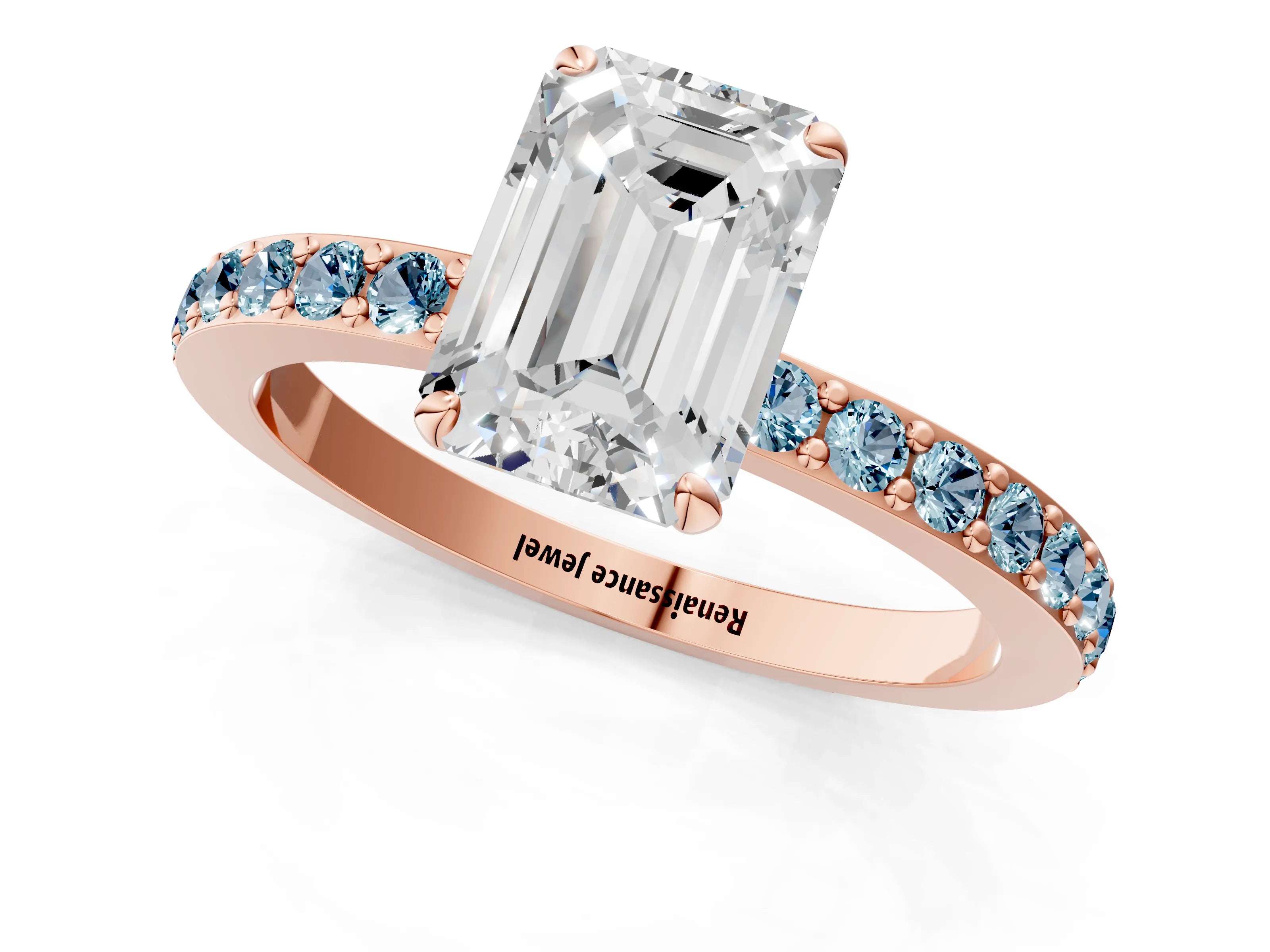 Rose gold Emerald Cut Diamond Pavé Engagement Ring with Round with Aquamarine side stone Accents and Prong Setting_1