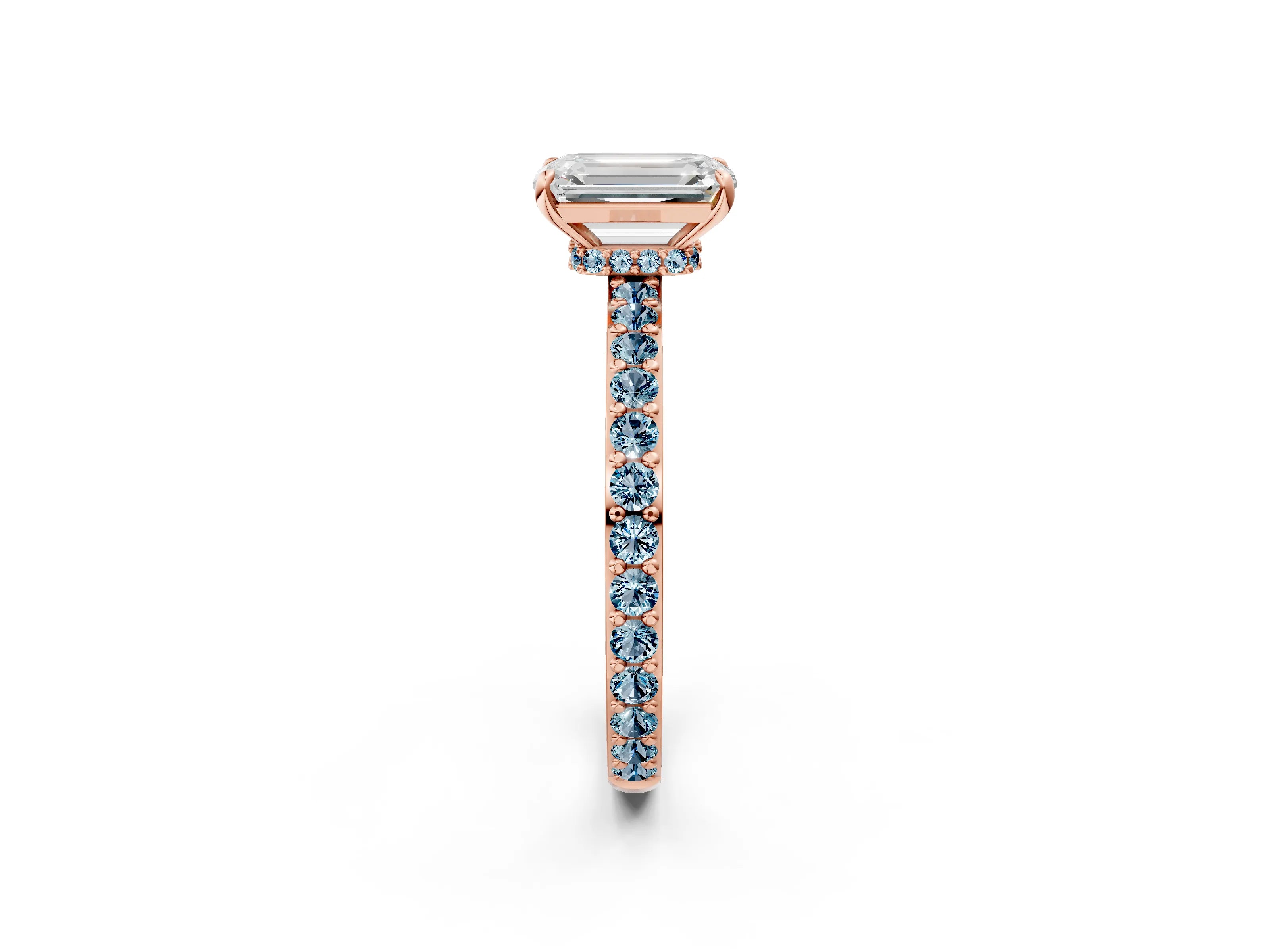 Rose gold Emerald Cut Diamond Pavé Engagement Ring with Round with Aquamarine side stone Accents and Prong Setting_2