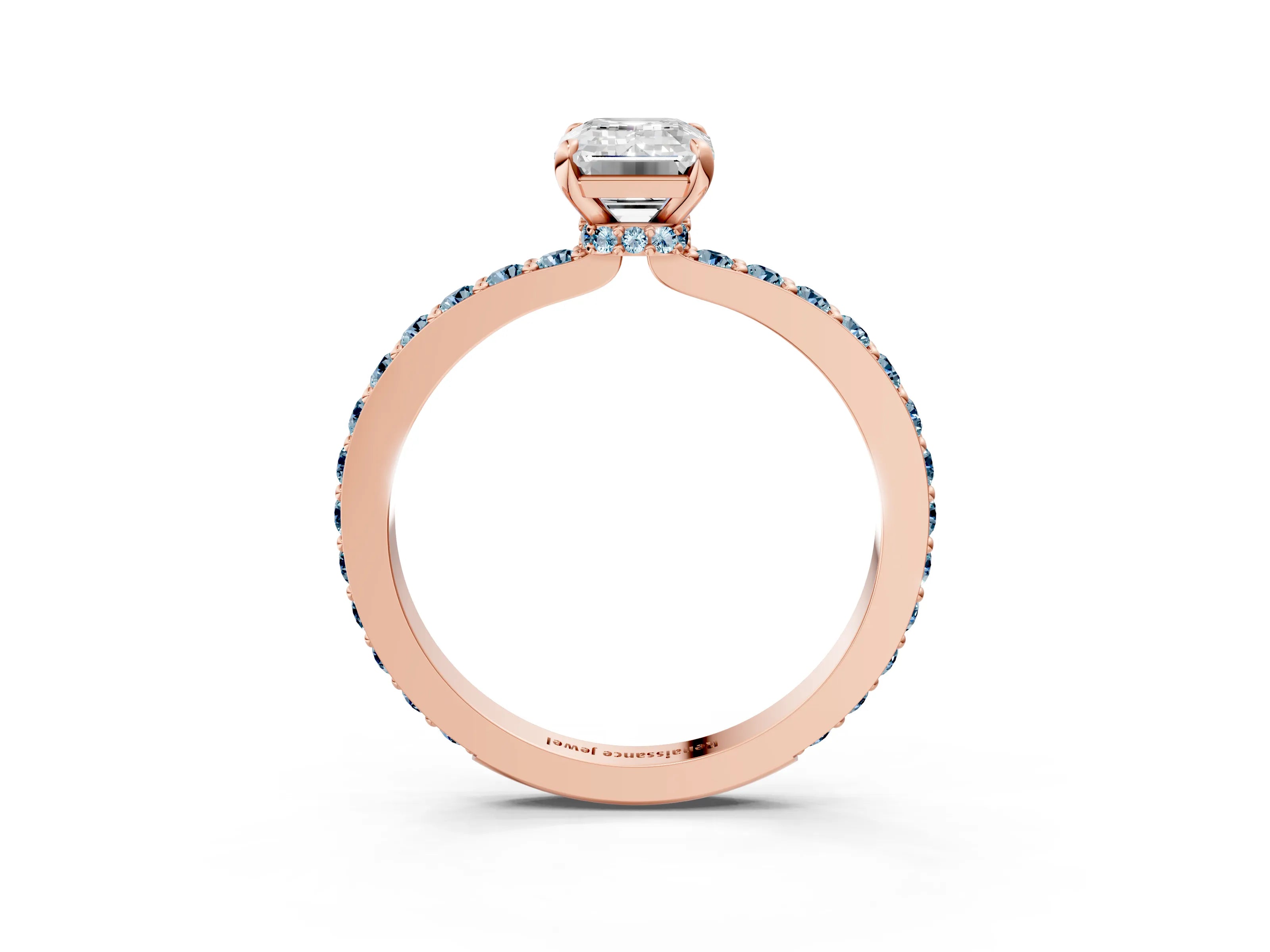 Rose gold Emerald Cut Diamond Pavé Engagement Ring with Round with Aquamarine side stone Accents and Prong Setting_3