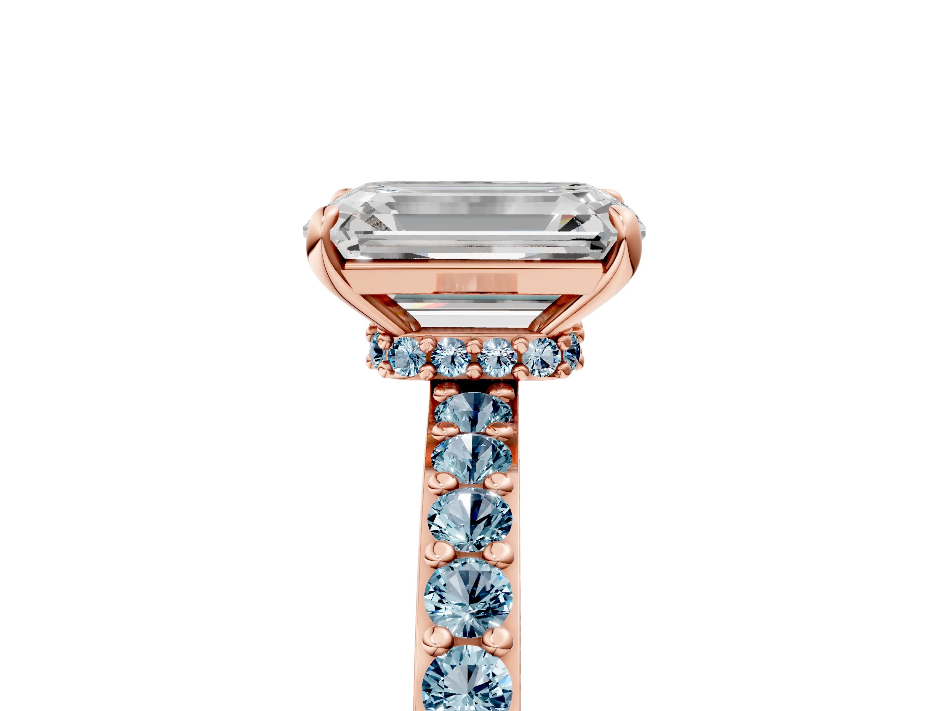Rose gold Emerald Cut Diamond Pavé Engagement Ring with Round with Aquamarine side stone Accents and Prong Setting_5