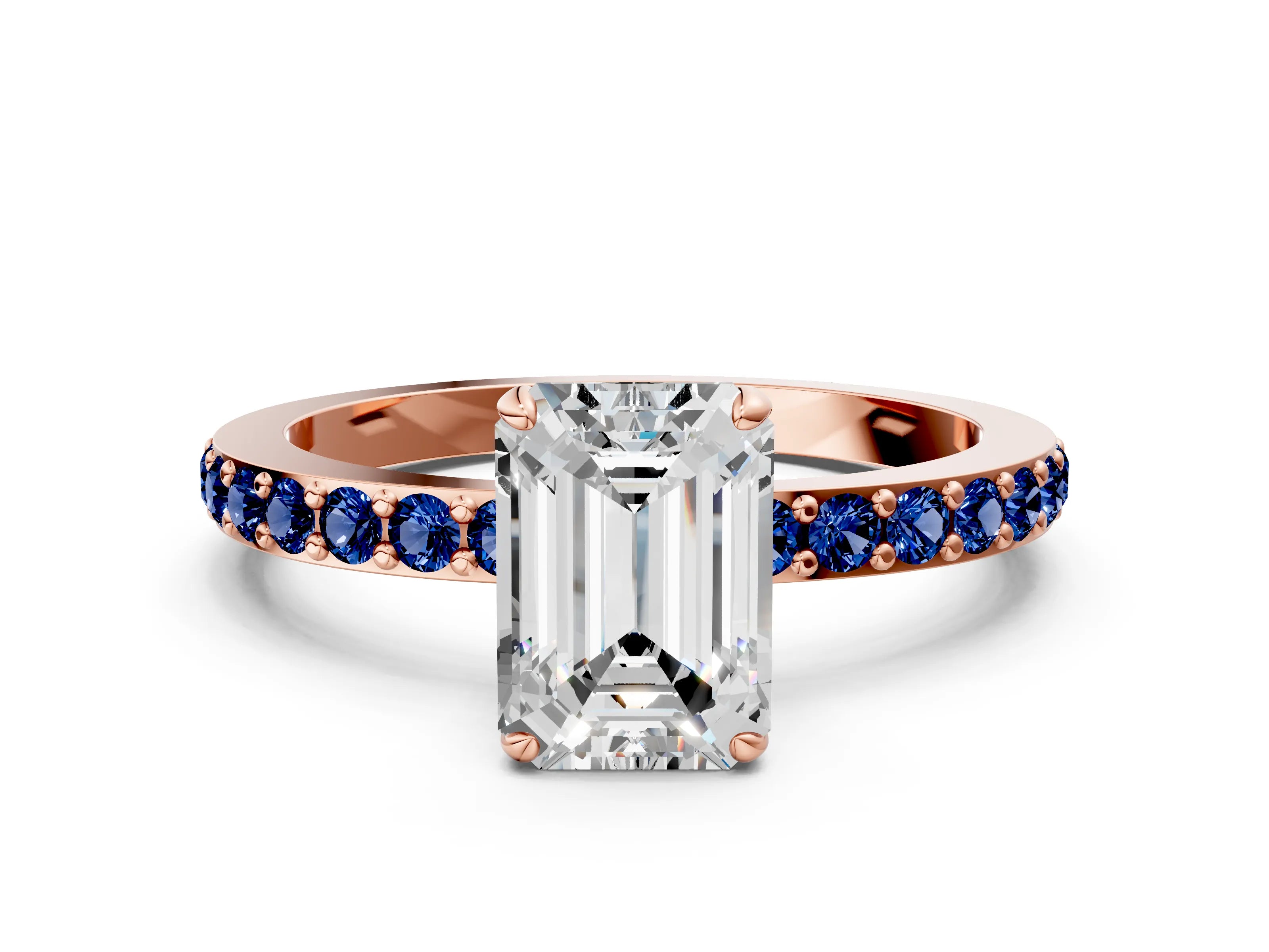 Rose gold Emerald Cut Diamond Pavé Engagement Ring with Round with Blue Sapphire side stone Accents and Prong Setting