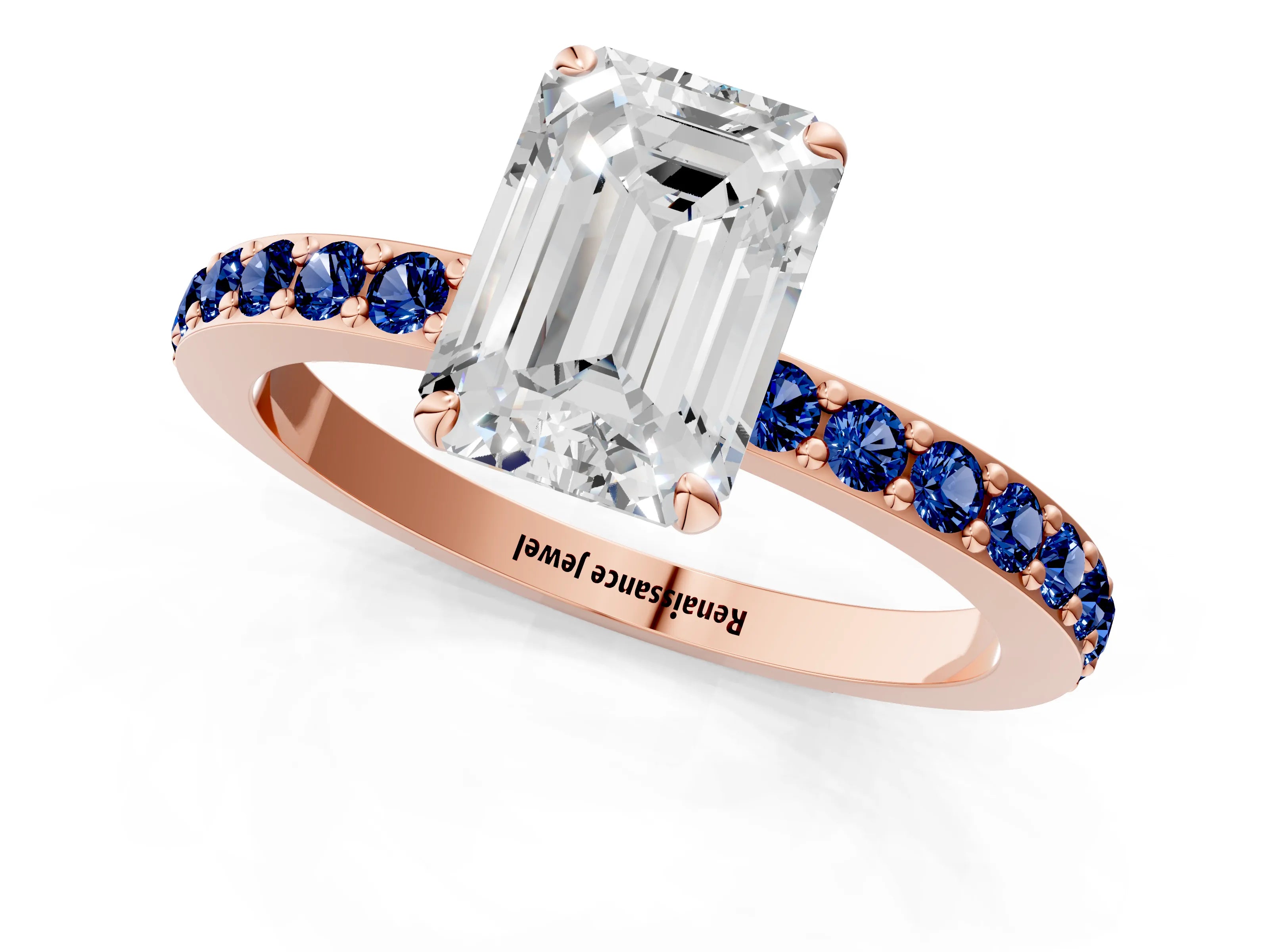 Rose gold Emerald Cut Diamond Pavé Engagement Ring with Round with Blue Sapphire side stone Accents and Prong Setting_1