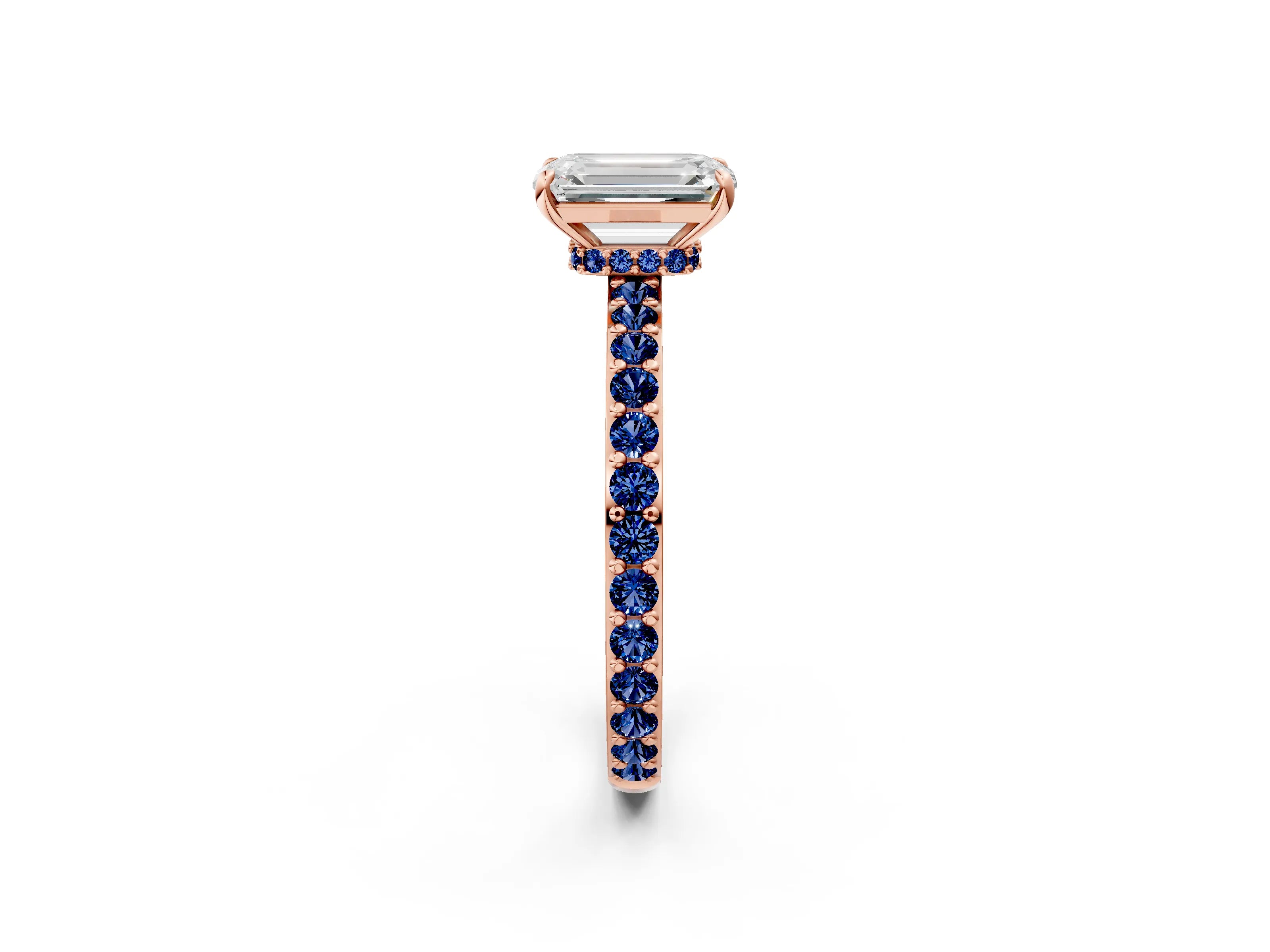 Rose gold Emerald Cut Diamond Pavé Engagement Ring with Round with Blue Sapphire side stone Accents and Prong Setting_2