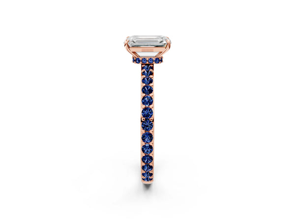 Rose Gold Emerald Cut Hidden Halo Engagement Ring Setting with Lab-Grown Blue Sapphire Pave Band