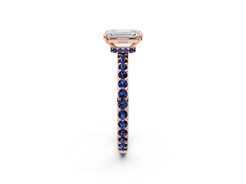 Rose gold Emerald Cut Diamond Pavé Engagement Ring with Round with Blue Sapphire side stone Accents and Prong Setting_2