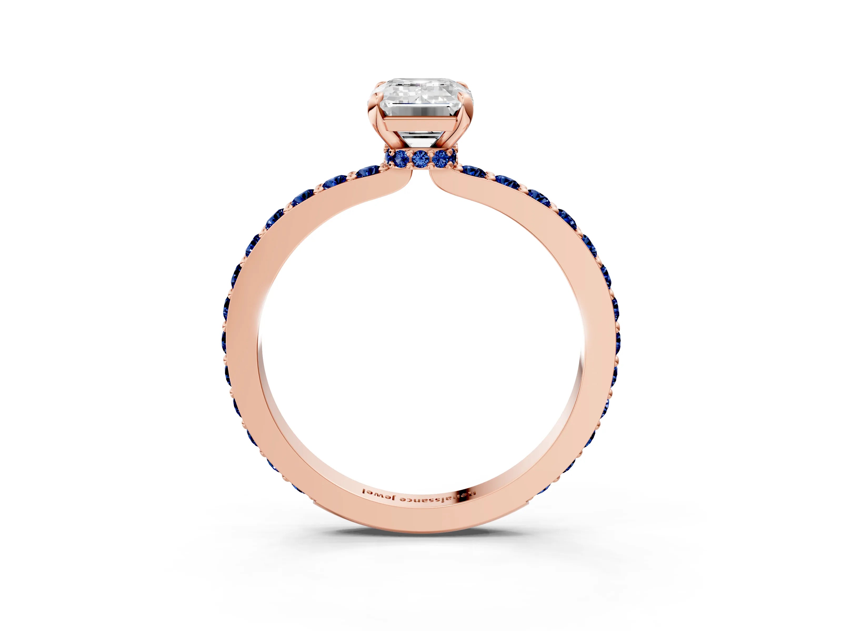 Rose gold Emerald Cut Diamond Pavé Engagement Ring with Round with Blue Sapphire side stone Accents and Prong Setting_3