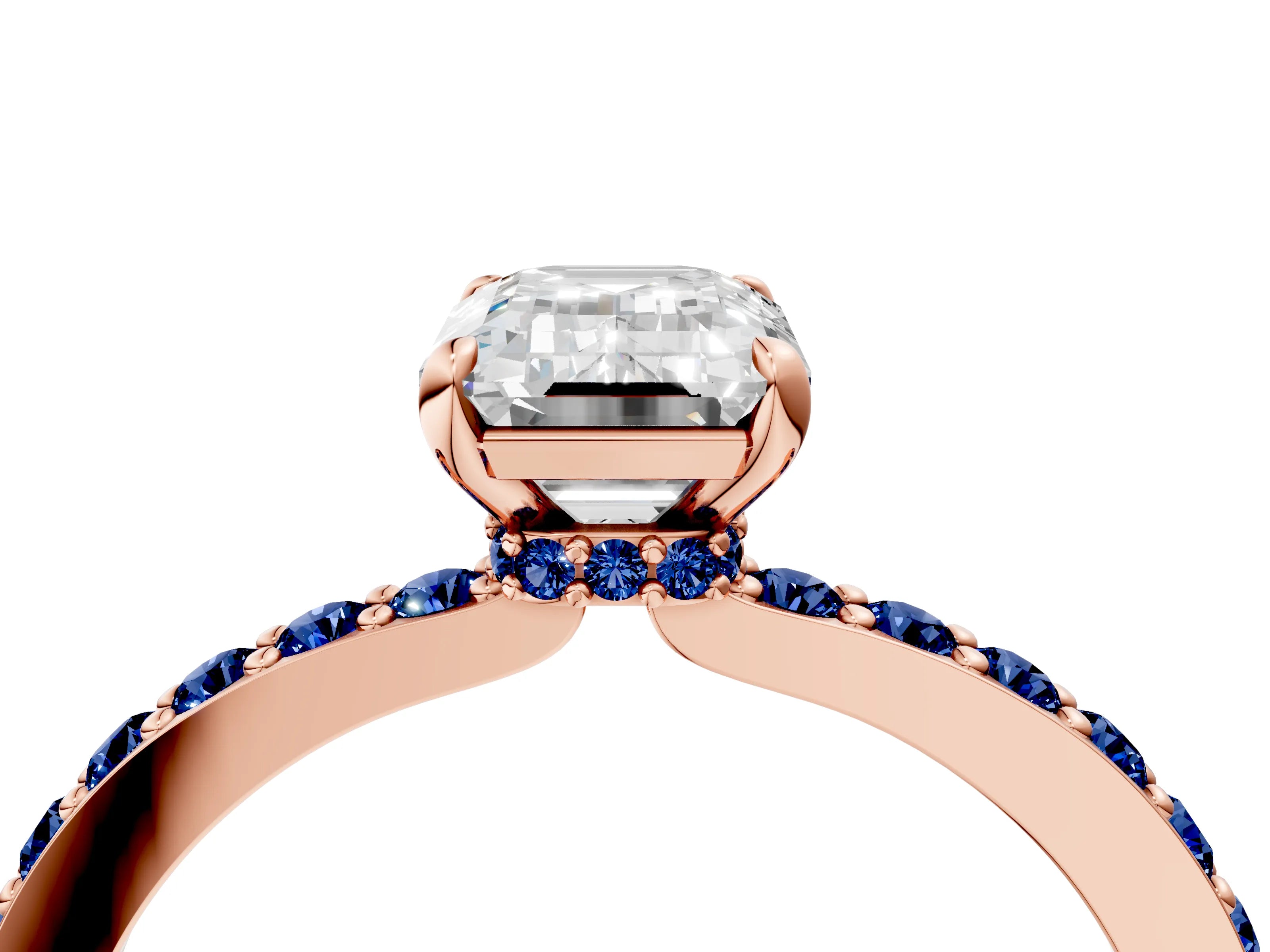 Rose gold Emerald Cut Diamond Pavé Engagement Ring with Round with Blue Sapphire side stone Accents and Prong Setting_4