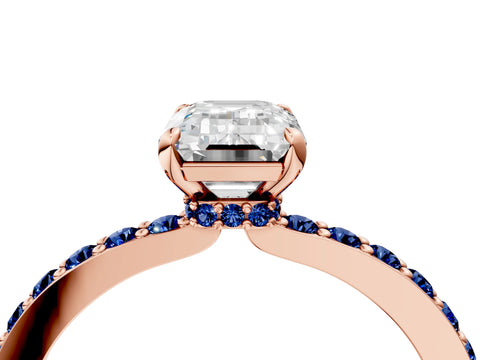 Rose gold Emerald Cut Diamond Pavé Engagement Ring with Round with Blue Sapphire side stone Accents and Prong Setting_4