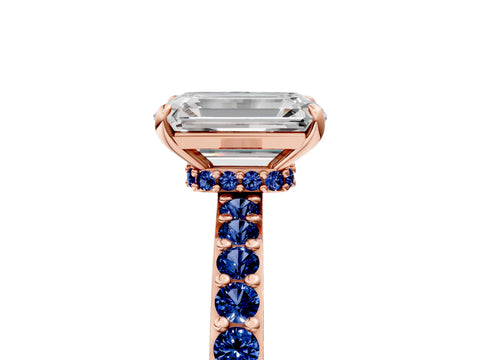 Rose gold Emerald Cut Diamond Pavé Engagement Ring with Round with Blue Sapphire side stone Accents and Prong Setting_5