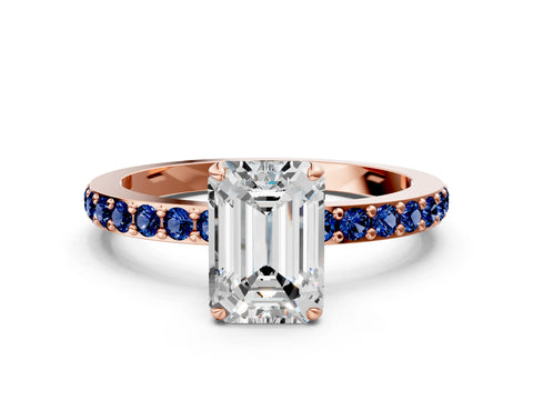 Rose gold Emerald Cut Diamond Pavé Engagement Ring with Round with Blue Sapphire side stone Accents and Prong Setting