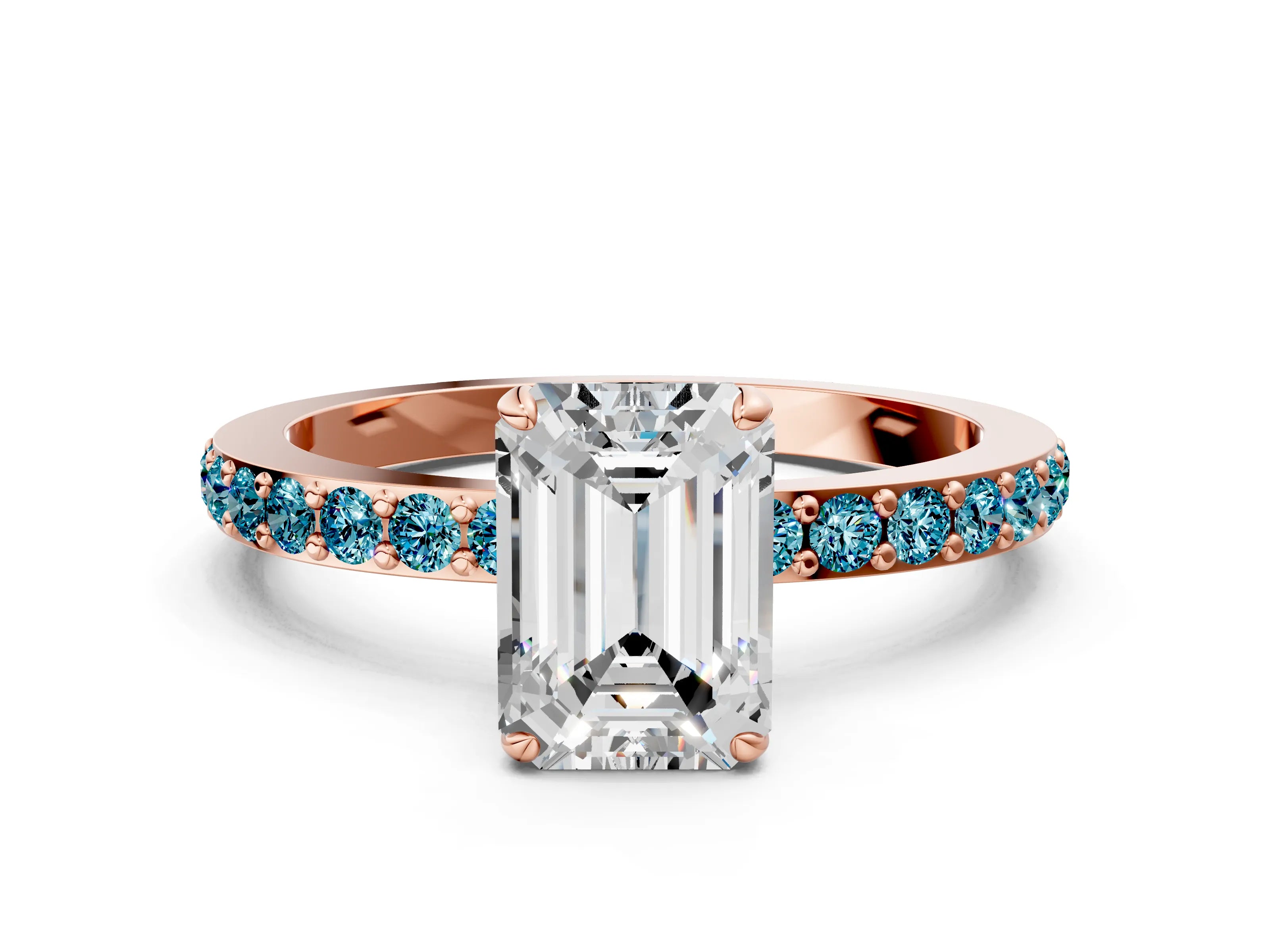 Rose gold Emerald Cut Diamond Pavé Engagement Ring with Round with Blue Topaz side stone Accents and Prong Setting