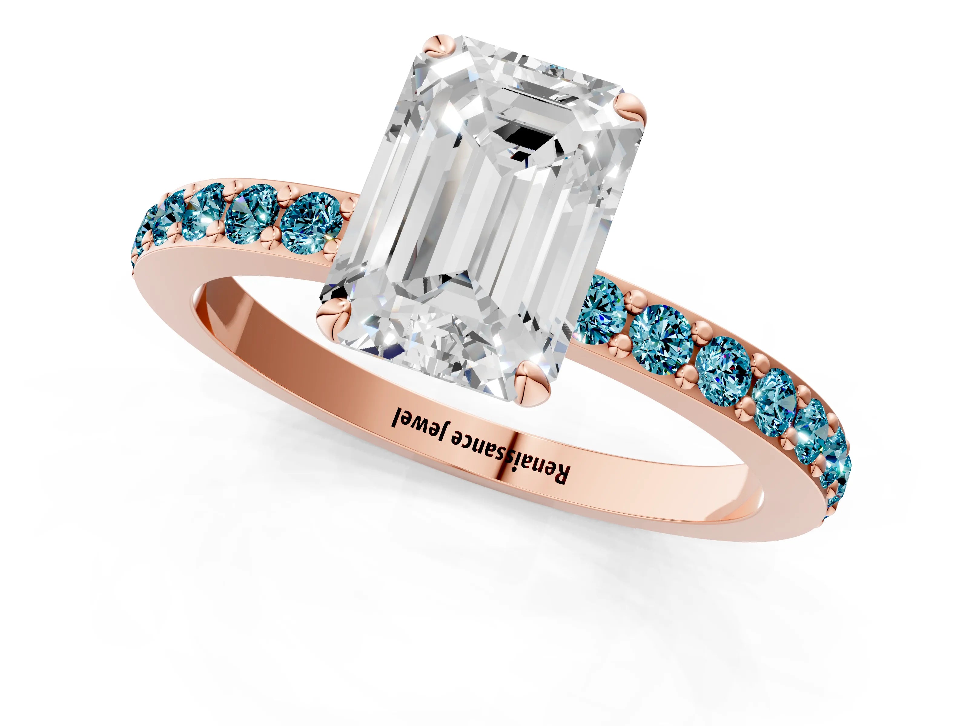 Rose gold Emerald Cut Diamond Pavé Engagement Ring with Round with Blue Topaz side stone Accents and Prong Setting_1
