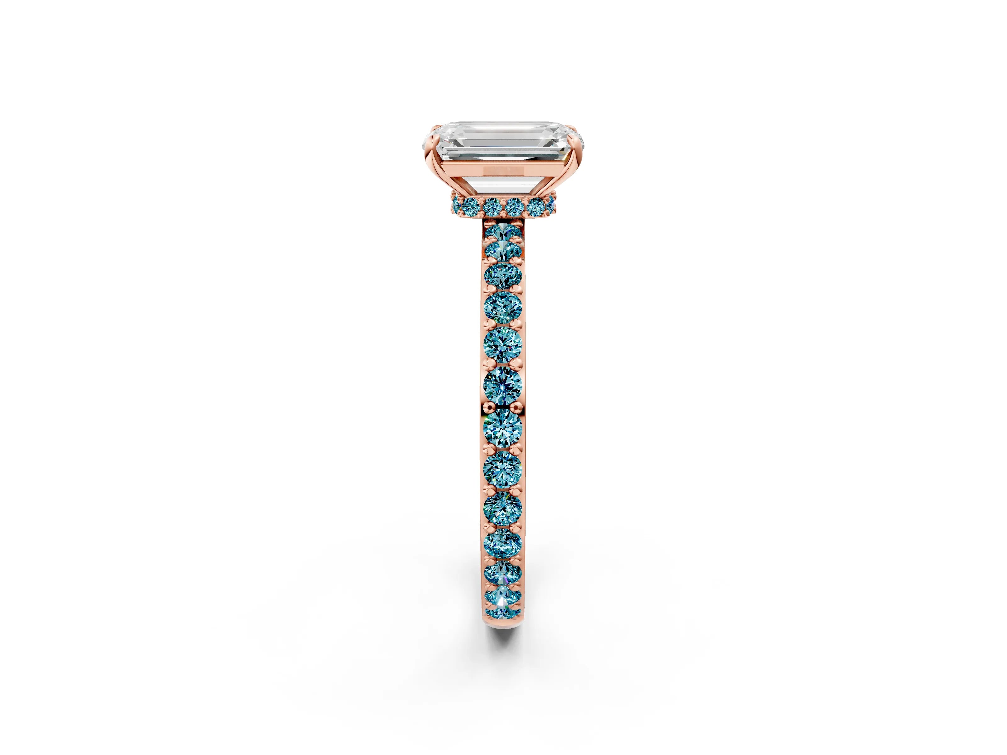 Rose gold Emerald Cut Diamond Pavé Engagement Ring with Round with Blue Topaz side stone Accents and Prong Setting_2