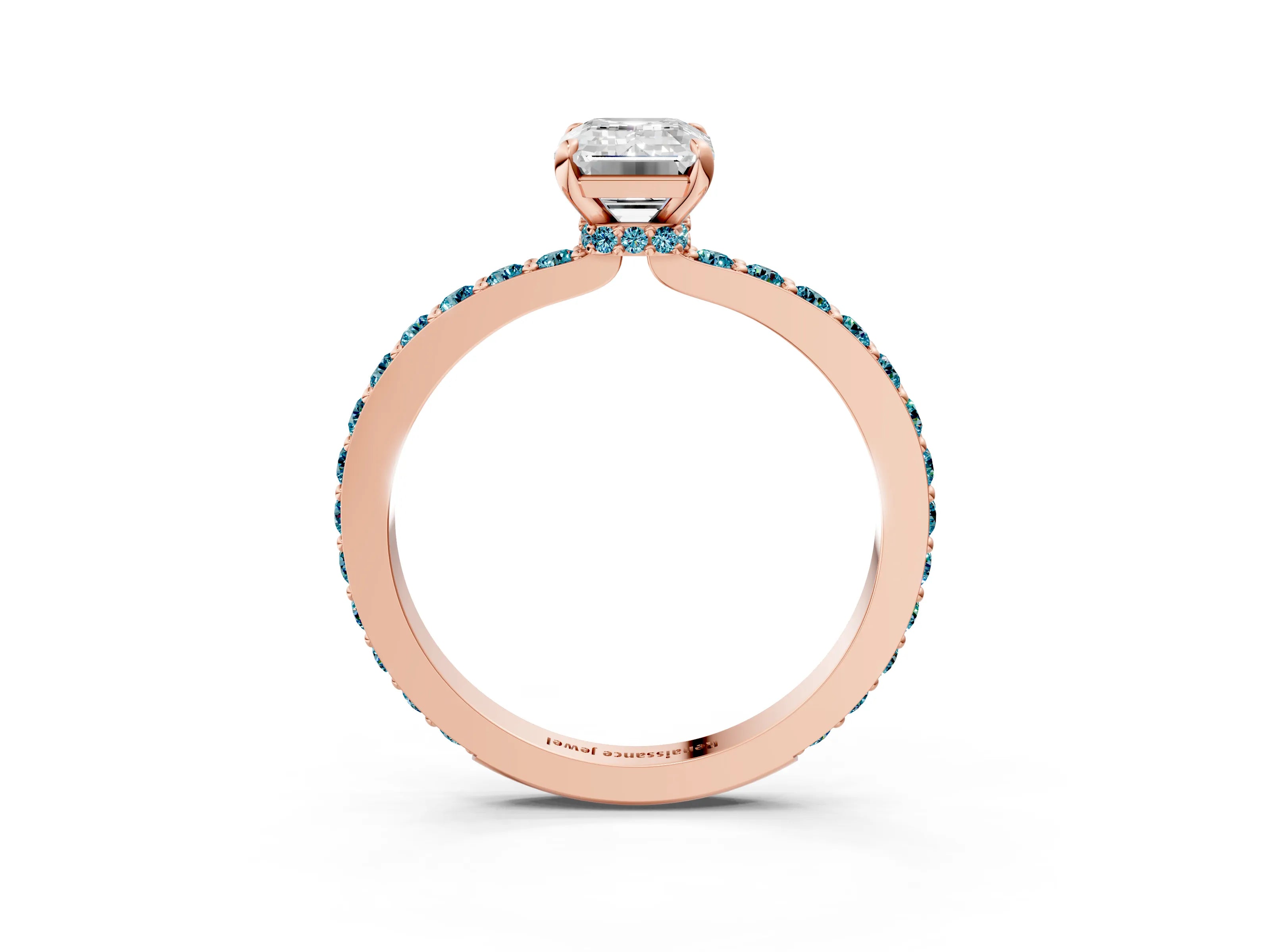 Rose gold Emerald Cut Diamond Pavé Engagement Ring with Round with Blue Topaz side stone Accents and Prong Setting_3