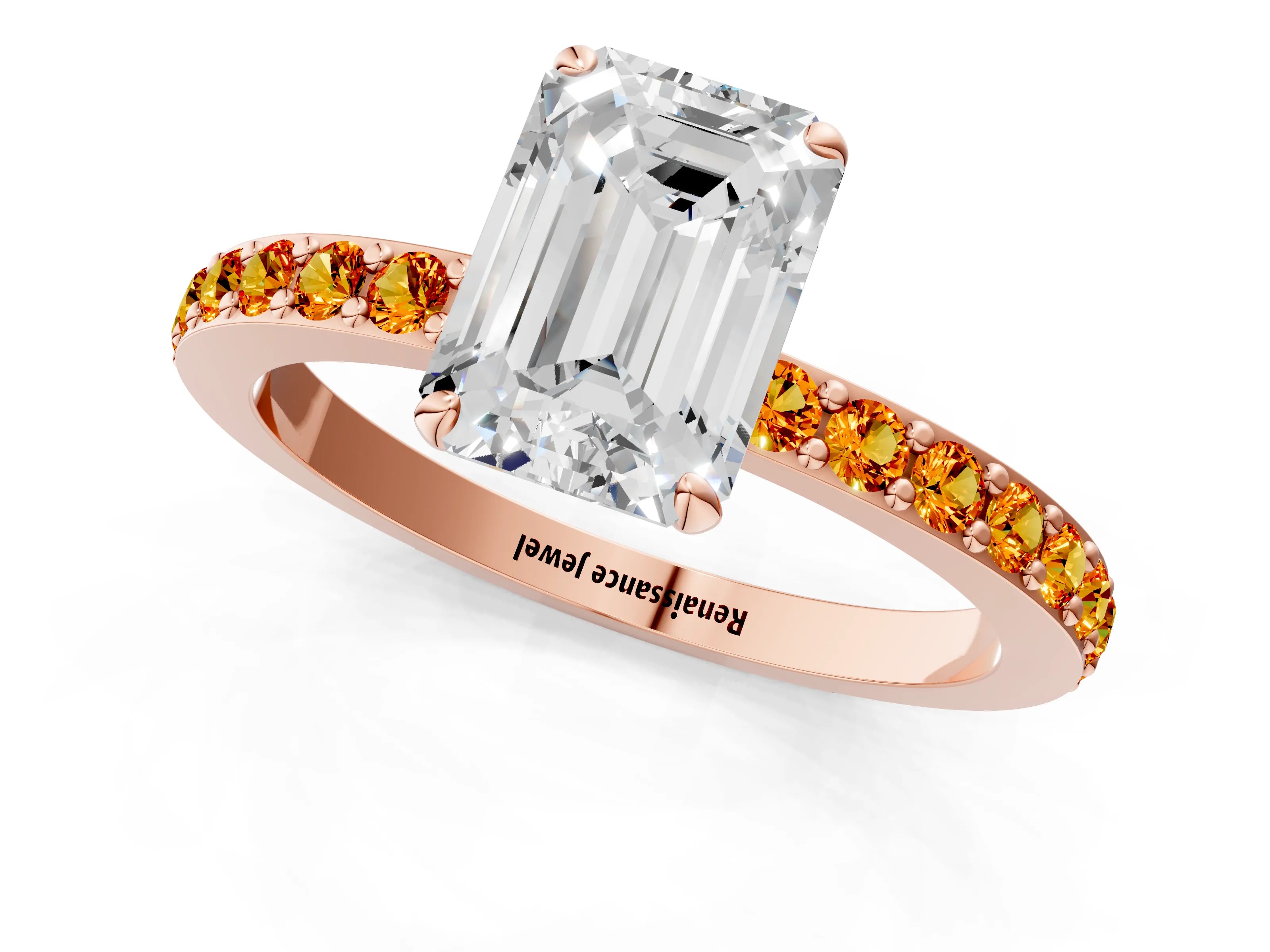 Rose gold Emerald Cut Diamond Pavé Engagement Ring with Round with Citrine side stone Accents and Prong Setting_1
