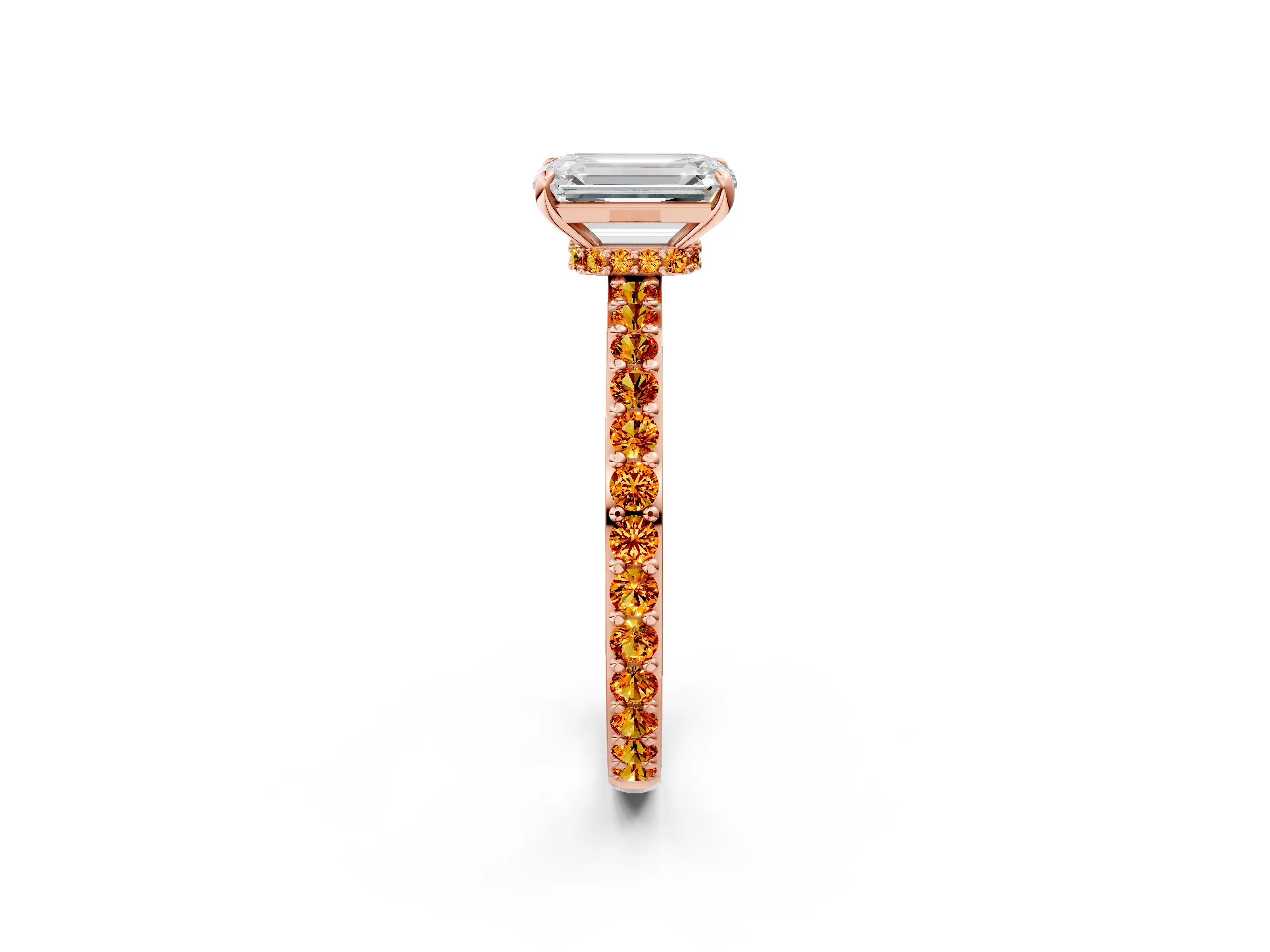 Rose gold Emerald Cut Diamond Pavé Engagement Ring with Round with Citrine side stone Accents and Prong Setting_2