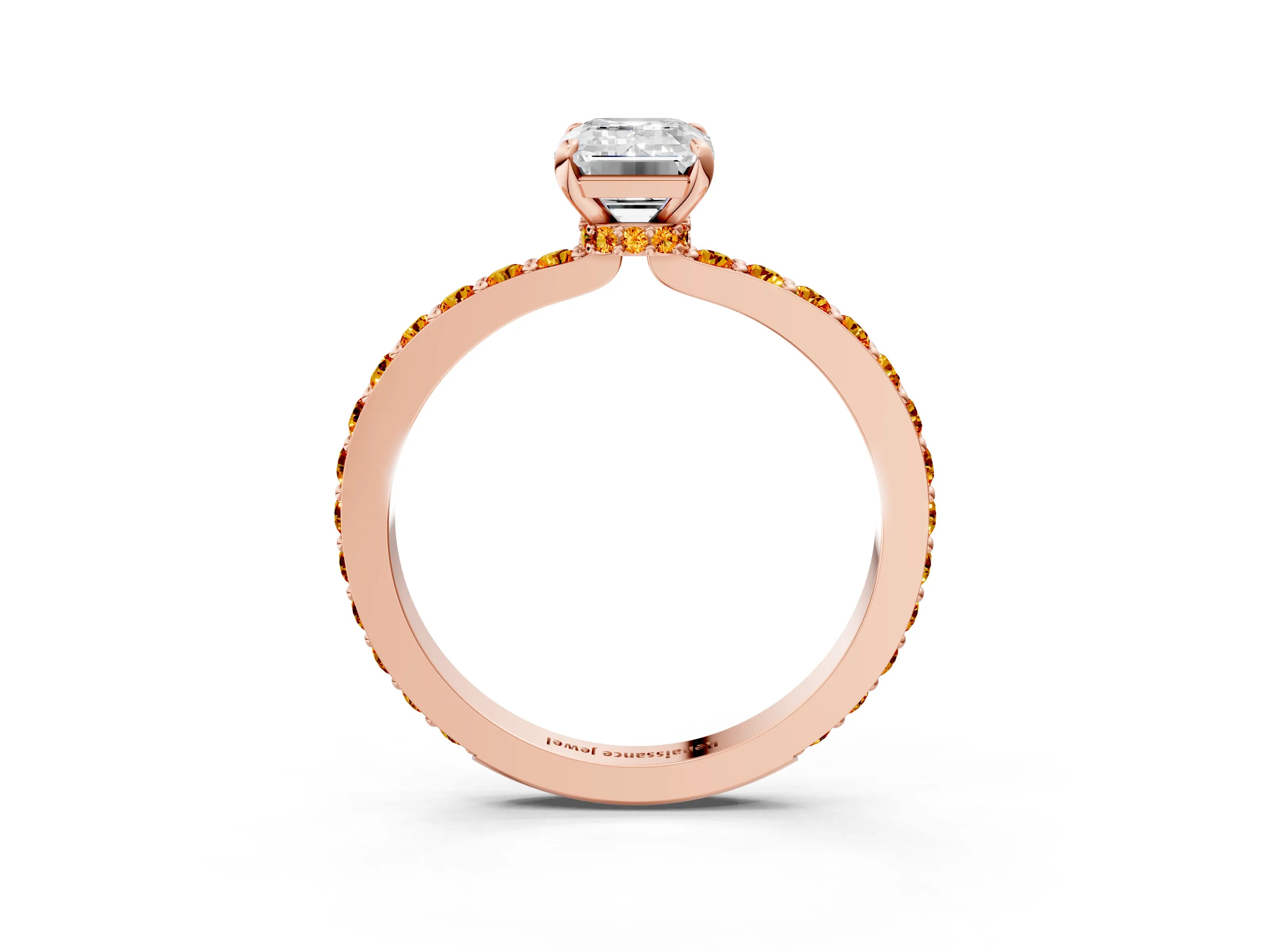 Rose gold Emerald Cut Diamond Pavé Engagement Ring with Round with Citrine side stone Accents and Prong Setting_3