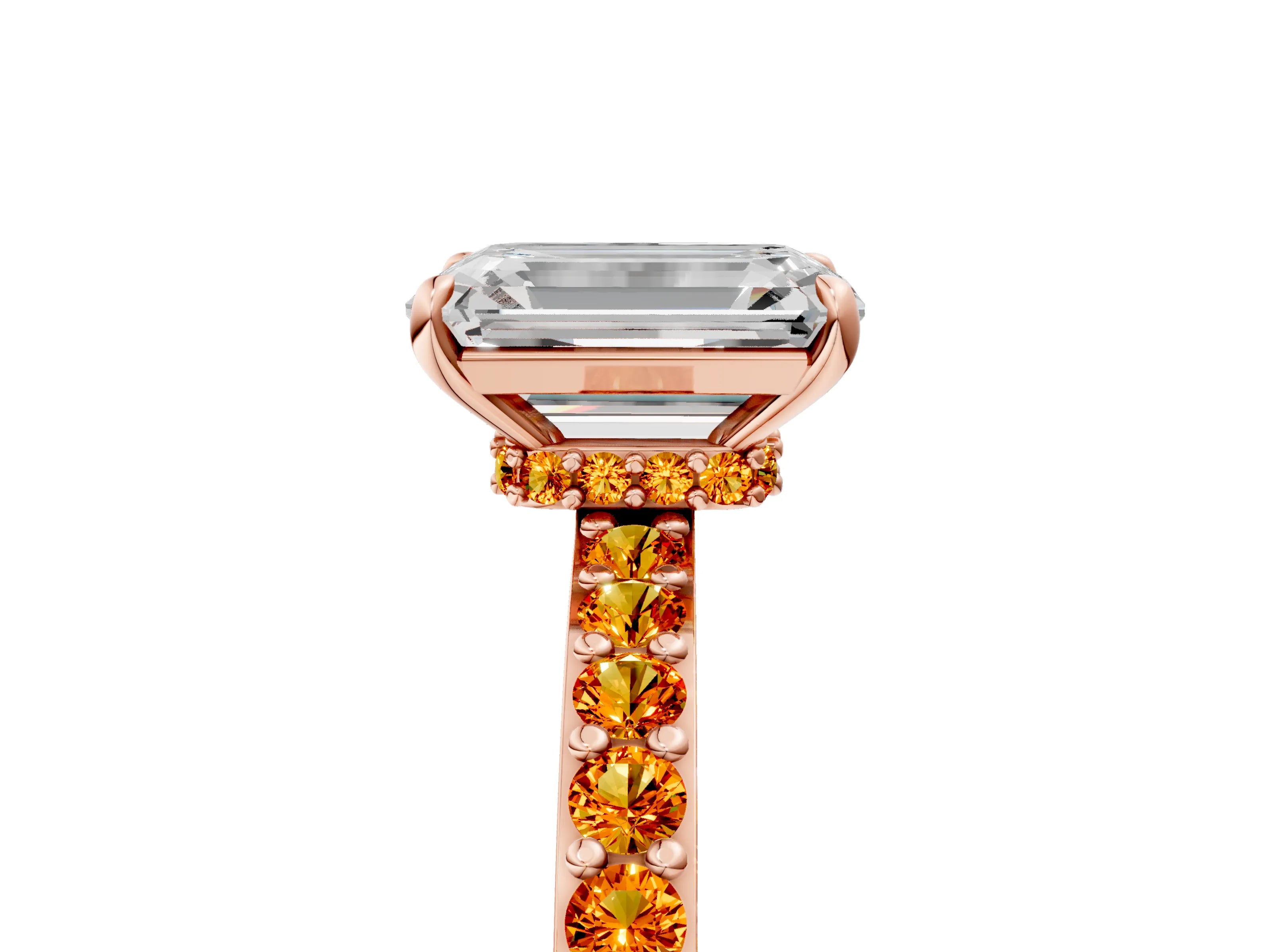 Rose gold Emerald Cut Diamond Pavé Engagement Ring with Round with Citrine side stone Accents and Prong Setting_5